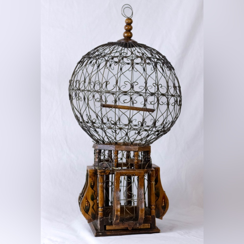 20th Century Victorian Style Wood and Iron "Balloon' Hanging Bird Cage